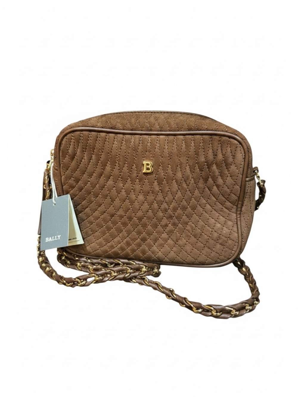 Bally Amera Mocha Suede Quilted Camera Crossbody Bag Gold Chain NWT